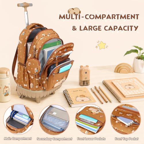 Rolling Backpack for Girls Boys, 3PCS Roller School Backpacks for Girls with Lunch Bag and Pencil Pouch, Kids Bookbag School Bag with Wheels for Kindergarten Elementary Middle School Travel - color: Brown