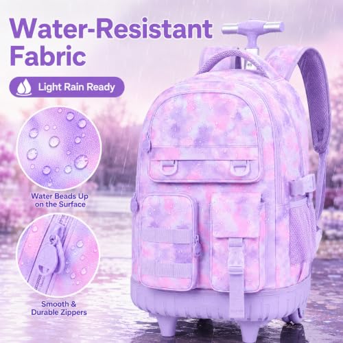 WZLVO 3PCS Backpack with Wheels, Water Resistance Girls Rolling Bookbag, Women Aesthetic Roller School Bag Set with Lunch Box & Pencil Bag for Teens & Kids - Purple Tie Dye Cloud - color: 3pcs Girls Rolling Backpack - Purple Tie Dye Cloud