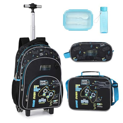Kids Rolling Backpack for Boys, 5 PCS Cartoon Wheeled Backpack Set with Lunch Bag & Pencil Case, Durable Backpack with Wheels for School, Travel & Daily Use (Blue) - color: Game Black