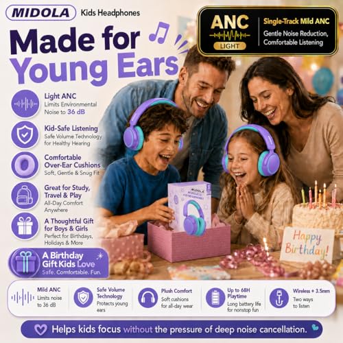 MIDOLA Active Noise Cancelling Kids Bluetooth Headphones,68H Play Time,Lightweight Wireless Foldable Over-Ear Headphone for Kid Toddler,Volume Limited 85/94dB,Headsets with Built-in Mic Purple - color: Purple