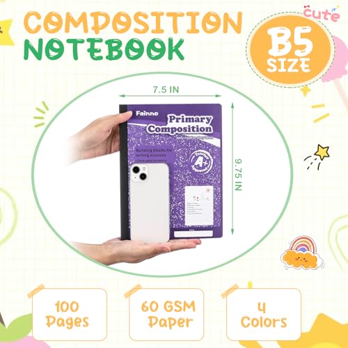Fainne 30 Pack Primary Ruled Composition Notebook, Grade K-2 Journal 100 Pages, 7-1/2" x 9-3/4" Kindergarten Primary Drawing Story Notebook for Kids Drawing and Writing(Red, Green, Blue, Purple) - color: Red, Green, Blue, Purple