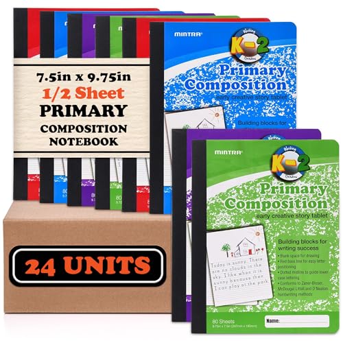 Mintra Primary Composition Notebook, 24 units 6-4 Pack, Assorted Colors, 80 Sheets, 7.5in x 9.75in, 1/2 Sheet, Ruled with Drawing Area, Flexible Hardcover Journal, Grades K-2, School & Home Use - color: Primary Ruled - Assorted, size: 24 units (6-4pks)
