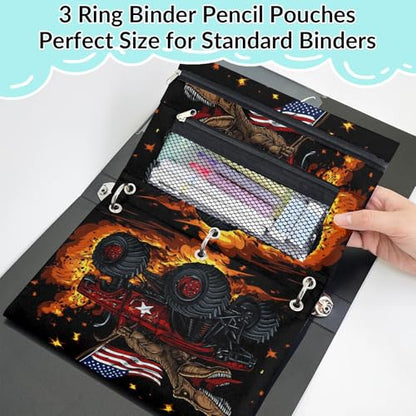 Truck Dinosaur Pencil Pouch for 3 Ring Binder American Flag Pencil Case Bag with Clear Window Zipper Pockets for Kids Girls Boys Students School College Supplies 2 Pack - color: Red Orange
