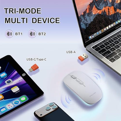 FMOUSE Slim Wireless Mouse, Tri-Mode 2.4G/Bluetooth, Rechargeable – Silver | USB-A & USB-C Receiver | Silent Click | One-Key Desktop | Works with Mac, iPad & Laptops | Long-Life Battery | Portable - color: Silver