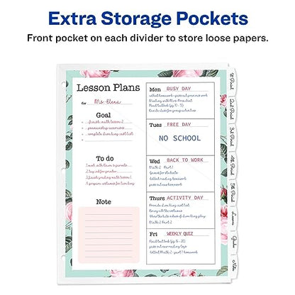 Avery Durable Plastic 8 Tab Write & Erase Dividers for 3 Ring Binders, Slash Pocket, Translucent White, Works with Sheet Protectors, 1 Set (16826)