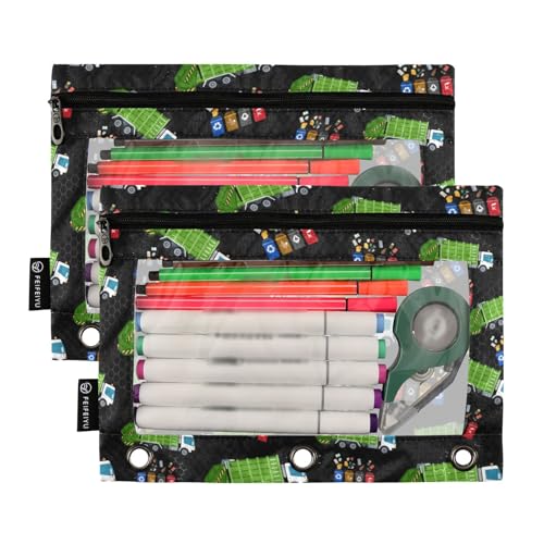 Garbage Truck Trash Recycling Pencil Pouch for 3 Ring Binder, Binder Pencil Pouches with Clear Window Zipper Pencil Case for Office College Supplies, 2PCS (B0310) - color: B0310