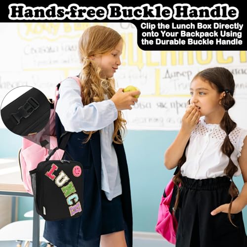 FlowFly Lunch box Insulated Soft Bag Mini Cooler Back to School Thermal Meal Tote Kit With Buckle and Mesh Side Pocket for Girls, Boys, BlackWithLetter - color: BlackWithLetter