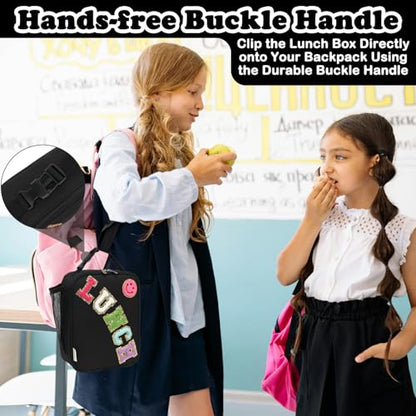 FlowFly Lunch box Insulated Soft Bag Mini Cooler Back to School Thermal Meal Tote Kit With Buckle and Mesh Side Pocket for Girls, Boys, BlackWithLetter - color: BlackWithLetter