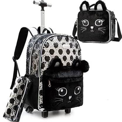 Girls Kids Rolling Backpack with Wheels Trolley School Bag Waterproof Travel Luggage for Kids Girls and Students lunch bag Lightweight and Multi functional 5-10 Years Old - color: Black Cat