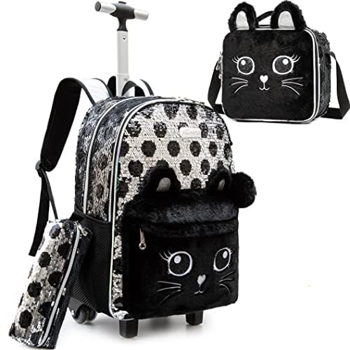 Girls Kids Rolling Backpack with Wheels Trolley School Bag Waterproof Travel Luggage for Kids Girls and Students lunch bag Lightweight and Multi functional 5-10 Years Old - color: Black Cat