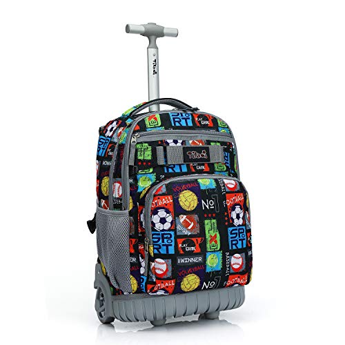 Tilami Rolling Backpack 18 inch Wheeled Laptop Backpack School College Student Travel Trip Boys and Girls, Sport Balls - color: Sport Balls Black