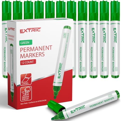 EXTRIC Permanent Markers, Chisel Tip, Green, Quick Drying Ink, Works on Paper, wood, Plastic, metal and Glass, Great for Home, Office and School use - color: Green