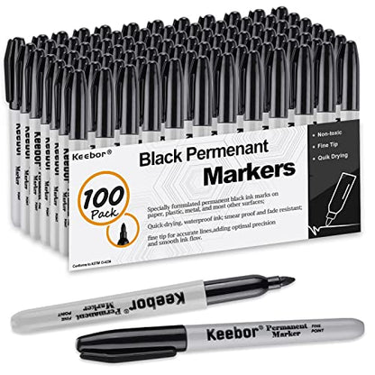 Keebor Black Permanent Markers Bulk of 100 Pack, Fine Point Permanent Marker Set, Waterproof, Quick Drying, School & Office Supplies | Permanent Marker Set, Waterproof, Quick Drying, School & Office Supplies - size: 100 Pack