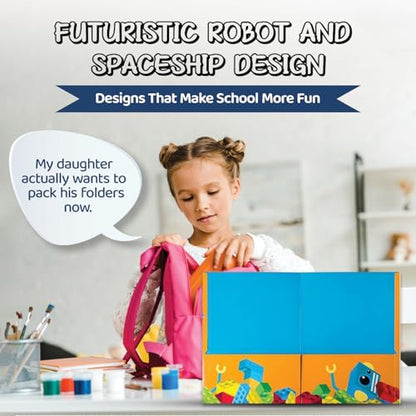 8 Kids Pocket Folders - Homework Folders in Futuristic Robots, Spaceships and Blocks Themes - Kids Folders with Pockets -8 Unique Designs in Front and Back Cover- 2 x 9.25 inch (8 Pack) - style: Futuristic Robots