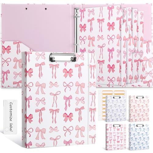 Colarr 3 Ring 1 Inch Pink Bow Binder with 2 Pockets Assorted Cute Clipboard Binder Organizer for Back to School 8.5" x 11" Letter Size 5 PVC Index Dividers with Tabs 18 Label Stickers Office Supplies - color: Pink, style: Mixed
