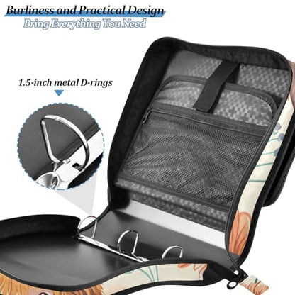 ALAZA Cow and Flowers Zipper Binder 1.5 inch 3 Ring Binder Organizer with Shoulder Strap and Handle for Home Office Work