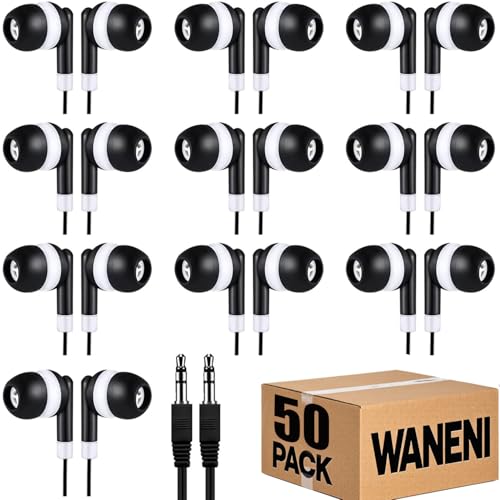 Wholesale Bulk Earbuds Headphones 50 Pack Class Set for School Classroom Students Kids Children Toddler Boys Girls Teen Adults(Black,50 Pack) - color: Black, size: 50 Packs