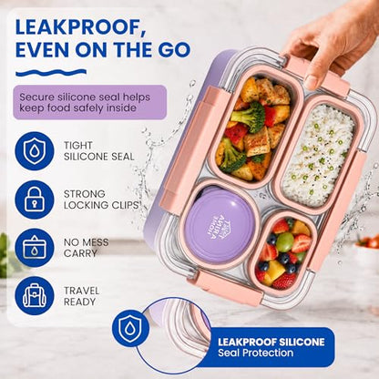 Large 10 x 7.5" Stainless Steel Bento Lunch Box with 4 Compartments Leakproof Lid BPA-Free 304 Stainless Steel Food Container That Keeps Food Separate for Adults and Kids School Office and Travel,Pink - color: Pink