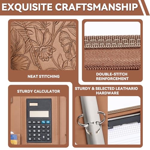 Leathario Portfolio Binder, Includes 5 Sheet Protectors and a Pen, 13 Inch Tablets Organizer, Vegan Leather A4 Padfolio, Multi-Pocket Notepad Business Planner Professional Document - color: Relief Brown