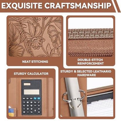 Leathario Portfolio Binder, Includes 5 Sheet Protectors and a Pen, 13 Inch Tablets Organizer, Vegan Leather A4 Padfolio, Multi-Pocket Notepad Business Planner Professional Document - color: Relief Brown