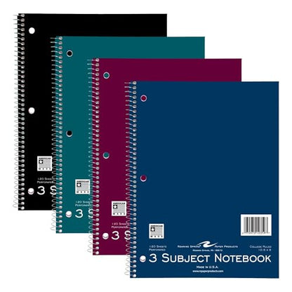 Roaring Spring College Ruled 3 Subject Notebook, Wirebound Writing Notebook, 4 Pack, 120 Sheets, 8 x 10.5 Inches, Made in USA, Ideal for Students, School, & Office - size: 3 Subject