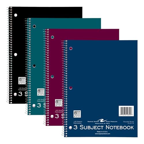 Roaring Spring College Ruled 3 Subject Notebook, Wirebound Writing Notebook, 4 Pack, 120 Sheets, 8 x 10.5 Inches, Made in USA, Ideal for Students, School, & Office - size: 3 Subject