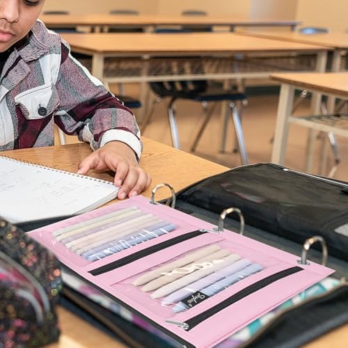 SKYDUE Pencil Pouch for 3 Ring Binder, 3 Compartment Zipper Pencil Case, Large Capacity Pen Organizer with Clear PVC Window for School Supplies, Students, Kids & Teachers - color: Pink