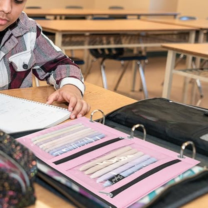 SKYDUE Pencil Pouch for 3 Ring Binder, 3 Compartment Zipper Pencil Case, Large Capacity Pen Organizer with Clear PVC Window for School Supplies, Students, Kids & Teachers - color: Pink
