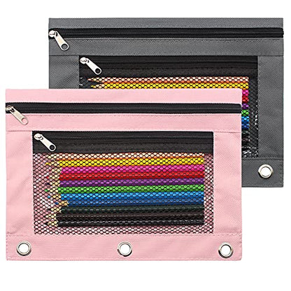 Pencil Pouch 3 Ring Binder Pouch Zippered Pencil Case Canvas Pencil Bag with 2 Compartments (Set of 2, Pink and Grey) - color: Pink and Grey
