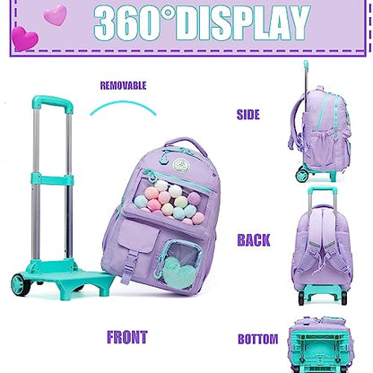 Rolling Backpack for Girls Kids Backpack with Wheels Backpacks for Elementary with Lunch Box Pencil Case Trolley Luggage - color: Purple