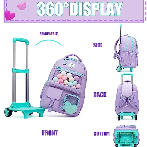 Rolling Backpack for Girls Kids Backpack with Wheels Backpacks for Elementary with Lunch Box Pencil Case Trolley Luggage - color: Purple