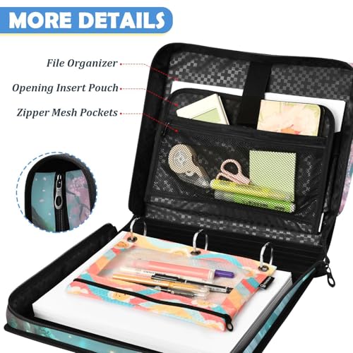 Cherry Blossom 2inch 3 Ring Zipper Binder Multi-Pocket Storage Holds 14 Inch Laptop for Students and Office Use - color: Cherry Blossom