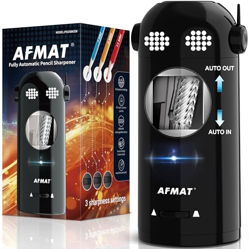 AFMAT Electric Pencil Sharpener Fully Automatic, Colored Pencil Sharpeners for 7-11.5mm Pencils, Rechargeable Hands-Free Robot Sharpener for Classroom, Home, Office, Battery Operated, PSX5EW, Black - color: Black