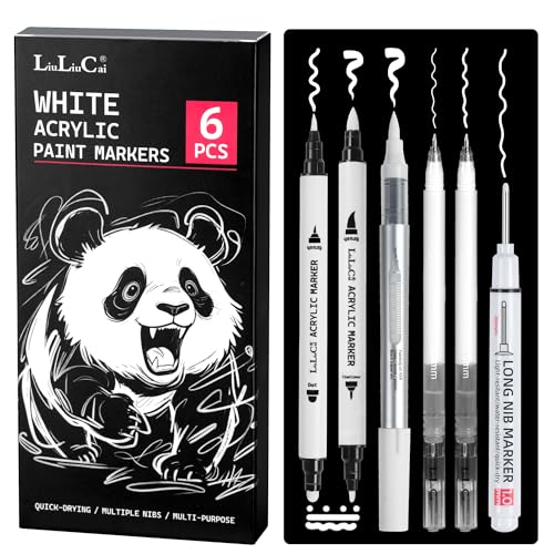 6Pcs White Acrylic Ink Pens for Black Paper– Fine Point White Gel Pens, Long Nib Marker, Dual-Tip Opaque Paint Pen, Brush Tip Acrylic Markers for Drawing, Sketching, Illustration, Card Making