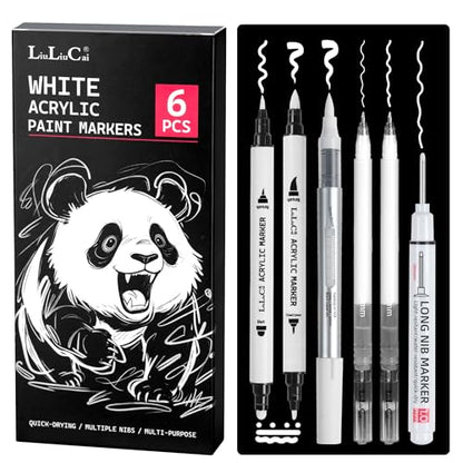 6Pcs White Acrylic Ink Pens for Black Paper– Fine Point White Gel Pens, Long Nib Marker, Dual-Tip Opaque Paint Pen, Brush Tip Acrylic Markers for Drawing, Sketching, Illustration, Card Making