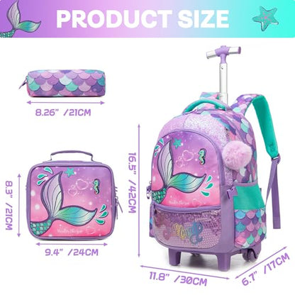 Meetbelify Mermaid Rolling Backpack for Girls Backpacks with Wheels for Elementary School Students Kids 3 in 1 Travel Luggage Suitcase with Lunch Box Pencil Case for Girls Age 8-10 - color: Mermaid 01