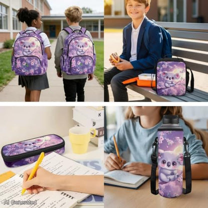 Purple Koala Backpack for Girls Boys Backpack with Lunch Box Water Bottle Carrier Kawaii Pencil Case 4 in 1 Cute Koala Bookbag for Kids 8-12 for Bring the School Supplies and Snacks Books - color: Cute Koala