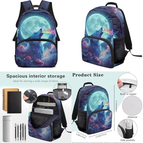 Cool Wolf Backpack for Boys - 17 Inch Bookbag with Insulated Lunch Box, Water Bottle Bag & Pencil Case, 4 in 1 Bookbag Back to School Supplies - color: Cool Wolf