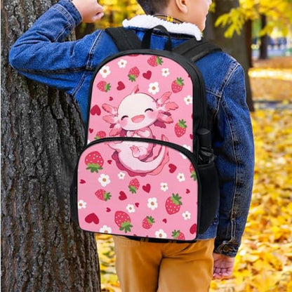 Horeset Axolotl Strawberry Backpack for School Girls Kids 3 Pack 17inch Schoolbag & Water Bottle Sling Bag & Picnic Lunch Bag Primary Elementary School Bookbag with Side Mesh Pocket - color: Axolotl Strawberry