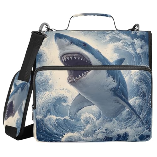 3 Ring Zipper Binder Ocean Wave Shark Binders Bag with Shoulder Strap 500 Sheets Paper Organizer Trapper Keeper Documents Storage File Folder for School Office - color: A2398