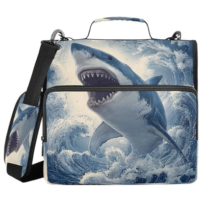 3 Ring Zipper Binder Ocean Wave Shark Binders Bag with Shoulder Strap 500 Sheets Paper Organizer Trapper Keeper Documents Storage File Folder for School Office - color: A2398