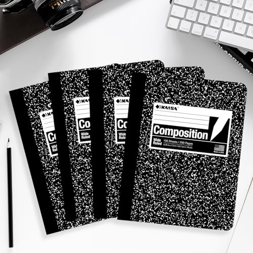 KAISA Classic Marble Composition Notebook, Wide Ruled Paper, Hard Cover 100 Sheets Notebooks, 9.75 x 7.5 Inches, 4 Pads - color: 4pad, size: wide-hard