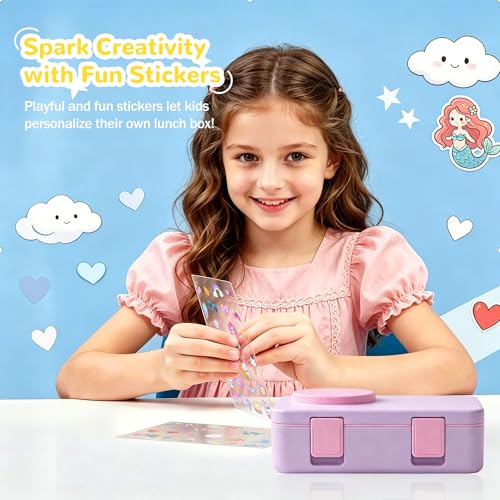 Bento Box for Kids, Leakproof Kids Bento Lunch Box Container with 8oz Insulated Thermo Food Jar, Sauce Jar, Utensil, DIY Stickers for School Boys Girls, 3-4 Compartments, BPA-Free - color: Purple