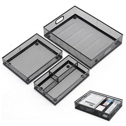 Mesh Metal Desk Drawer Organizer Tray 12.3"x8.3"x1.7" Pen Drawer Organizer Desktop Paper Storage Tray File Organizer with Handle for Home,Office,School Supplies Black