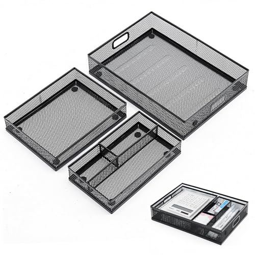 Mesh Metal Desk Drawer Organizer Tray 12.3"x8.3"x1.7" Pen Drawer Organizer Desktop Paper Storage Tray File Organizer with Handle for Home,Office,School Supplies Black
