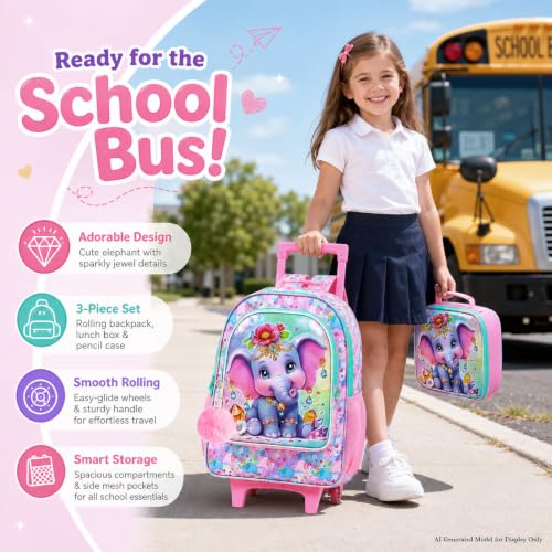 3Pcs Rolling Backpack for Girls, Kids Roller School Backpack with Wheels, Elephant Wheeled Bookbag for Elementary Preschool Kindergarten(Pink) - color: Elephant Pink