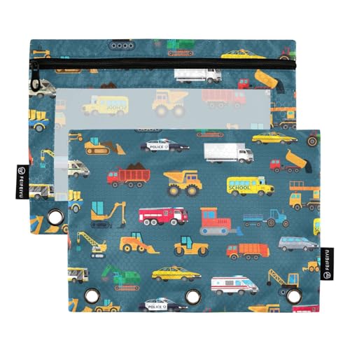 Car Childish Truck Pencil Pouch for 3 Ring Binder, Binder Pencil Pouches with Clear Window Zipper Pencil Case for Office College Supplies, 2PCS (B0305) - color: B0305