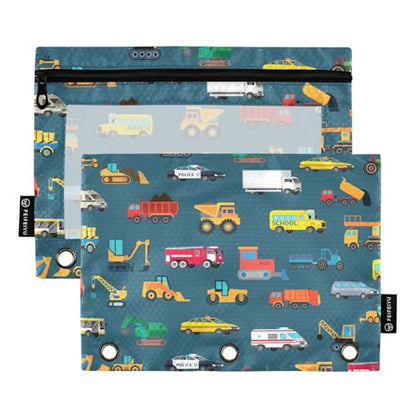 Car Childish Truck Pencil Pouch for 3 Ring Binder, Binder Pencil Pouches with Clear Window Zipper Pencil Case for Office College Supplies, 2PCS (B0305) - color: B0305