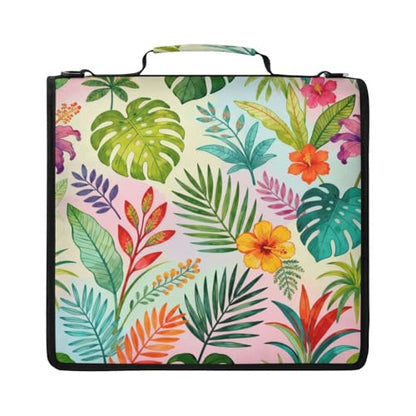 Abstract Tropical Leaves Zipper Binder with 2 Inch D-Rings Expandable File Portfolio with Shoulder Strap, Waterproof Nylon Organizer for 14" Laptop for Work College Travel