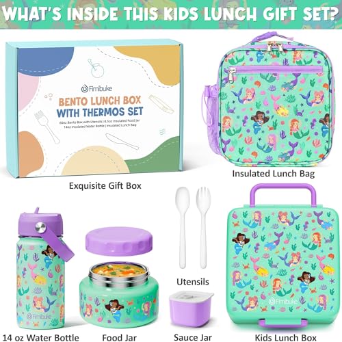 Fimibuke Bento Box for Kids Adult - Leakproof 3-4 Compartments Lunch Bento Box Set with Insulated Food Jar, Water Bottle, Lunch Bag, Sauce Cup & Cutlery for Toddler Teen Shcool Girl Boy Age 3+ - color: A1.Mermaids